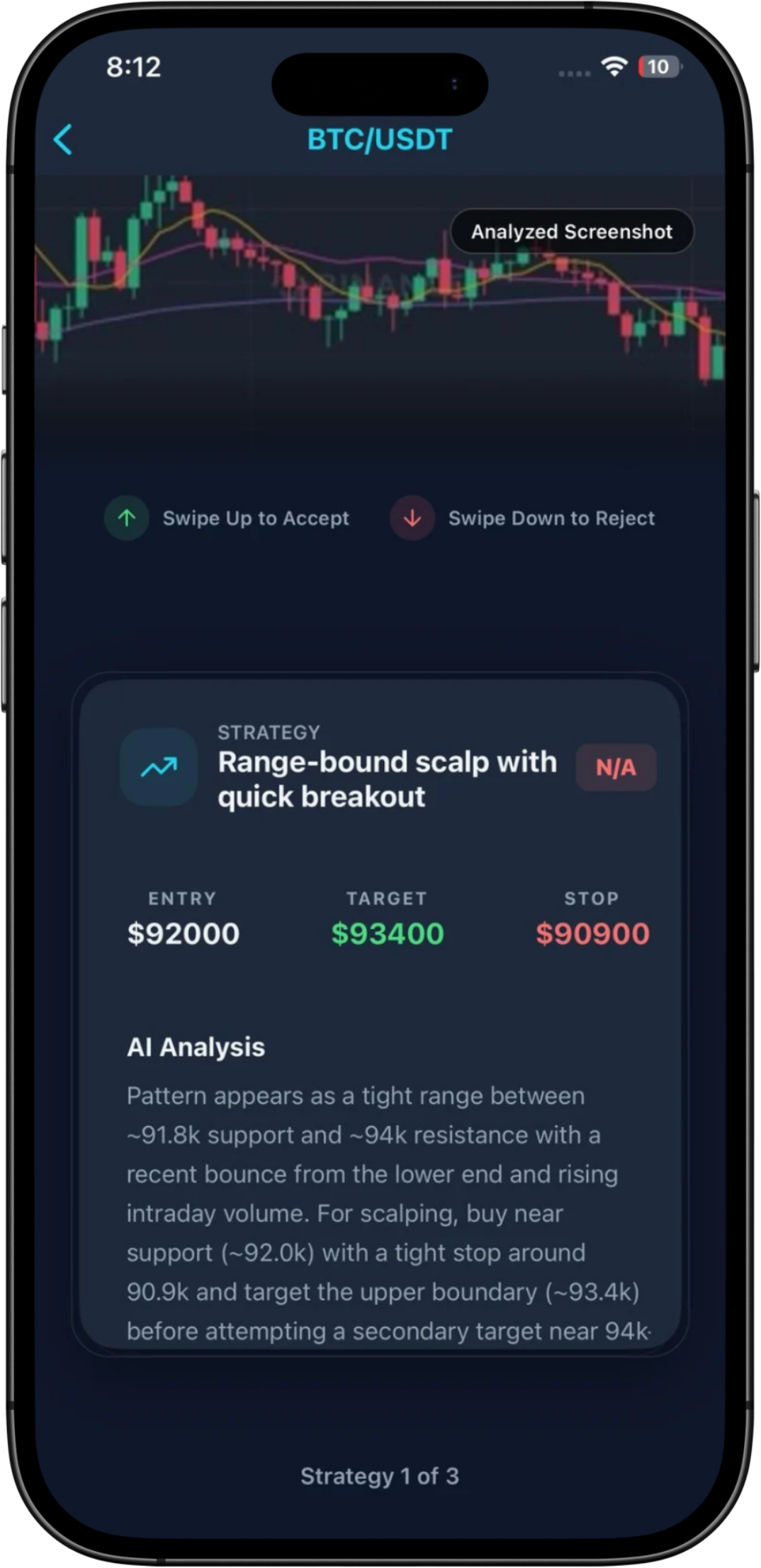 Snap Trade app interface showing automated extraction of a Binance short position screenshot